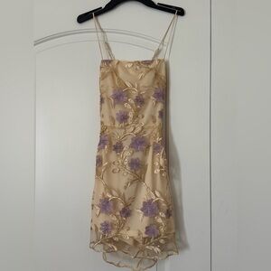 Lucy in the Sky Beige Sheer Backless Dress with Lavender Floral Embroidery